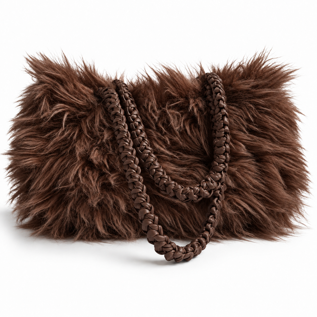 Borsa Sveva in ecopelliccia marrone a pelo lungo con manici intrecciati tono su tono in ecopelle.