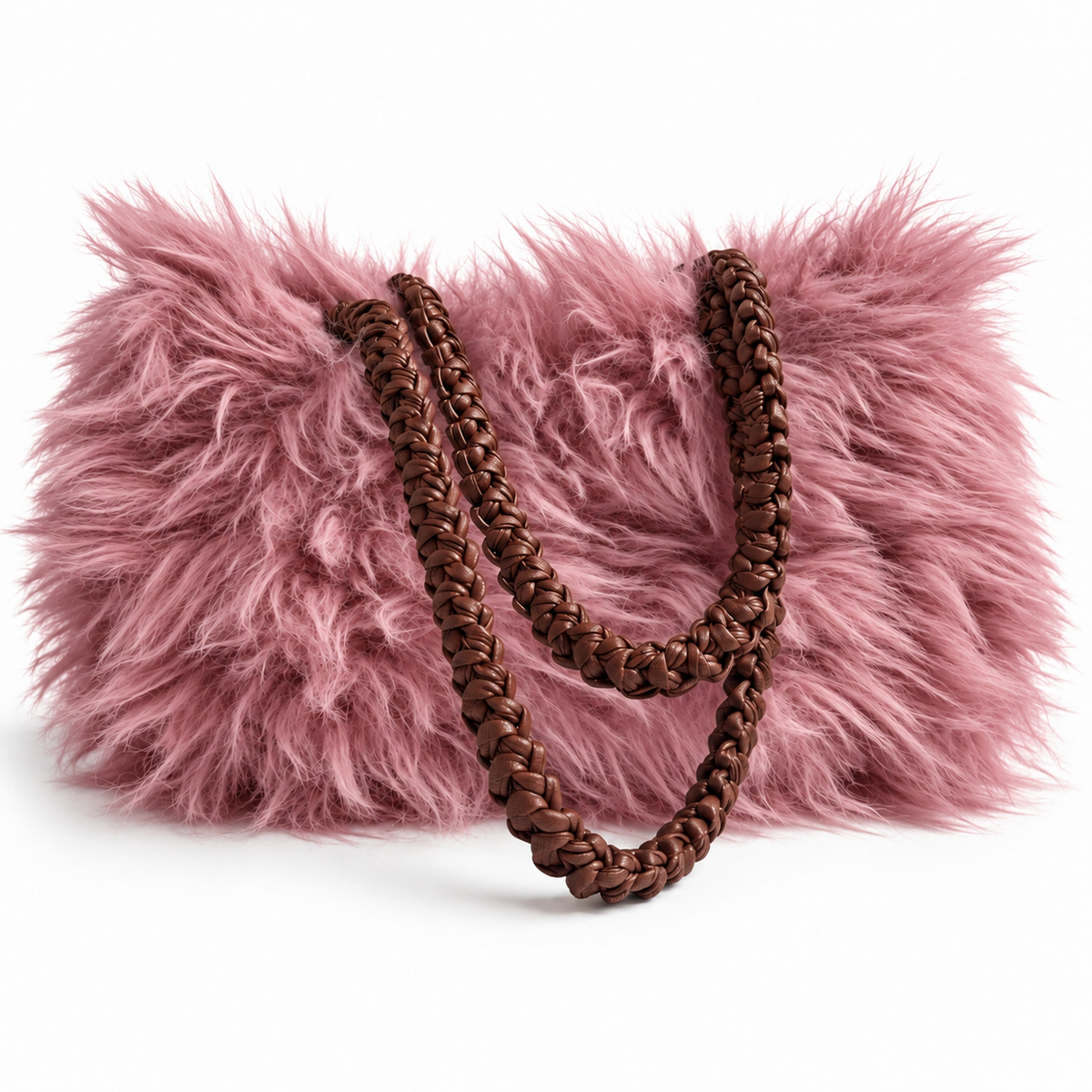Borsa Sveva in ecopelliccia rosa antico con manici intrecciati marroni in ecopelle.