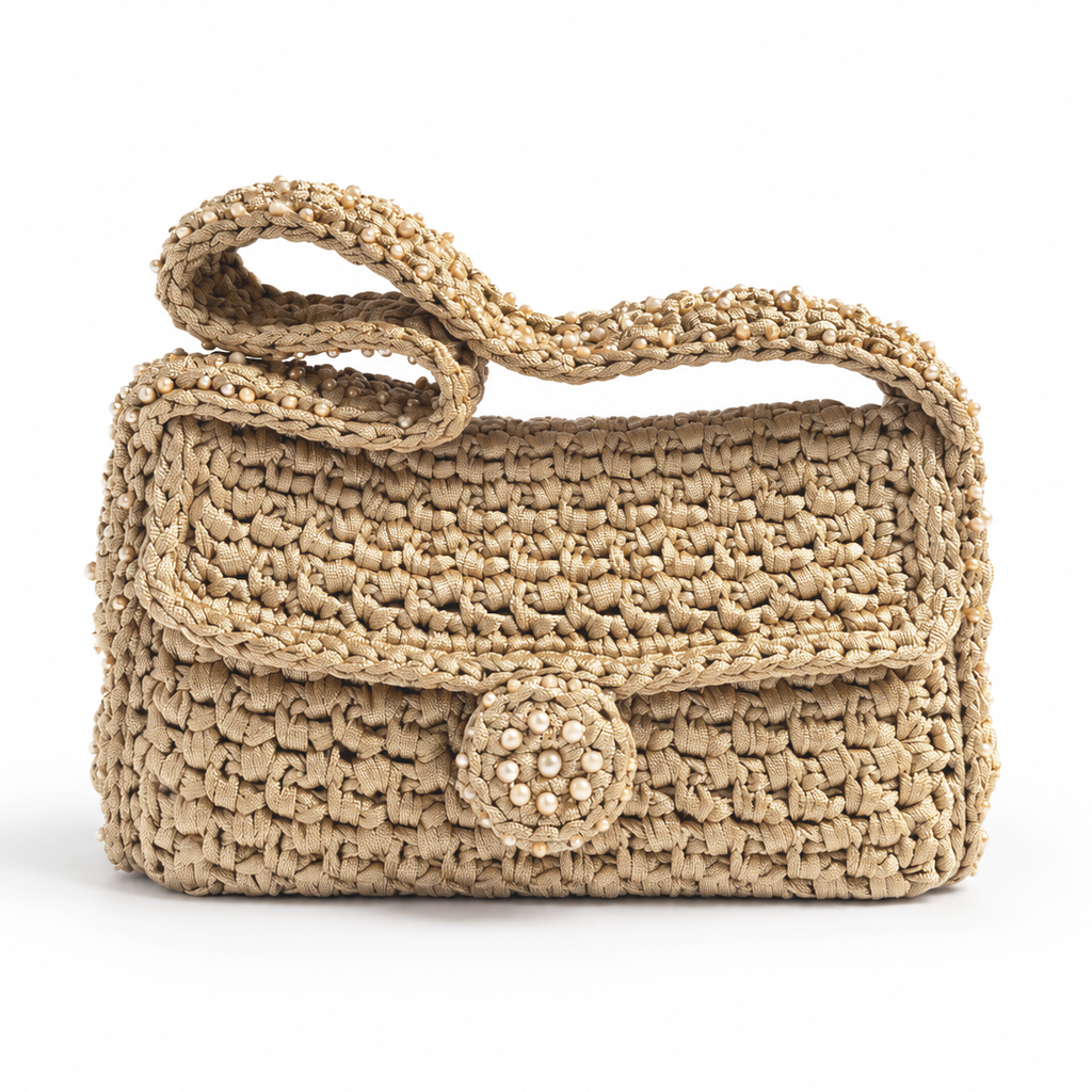 Borsa Talide champagne con manico ripiegato, patta frontale e decorazione circolare con cristalli.