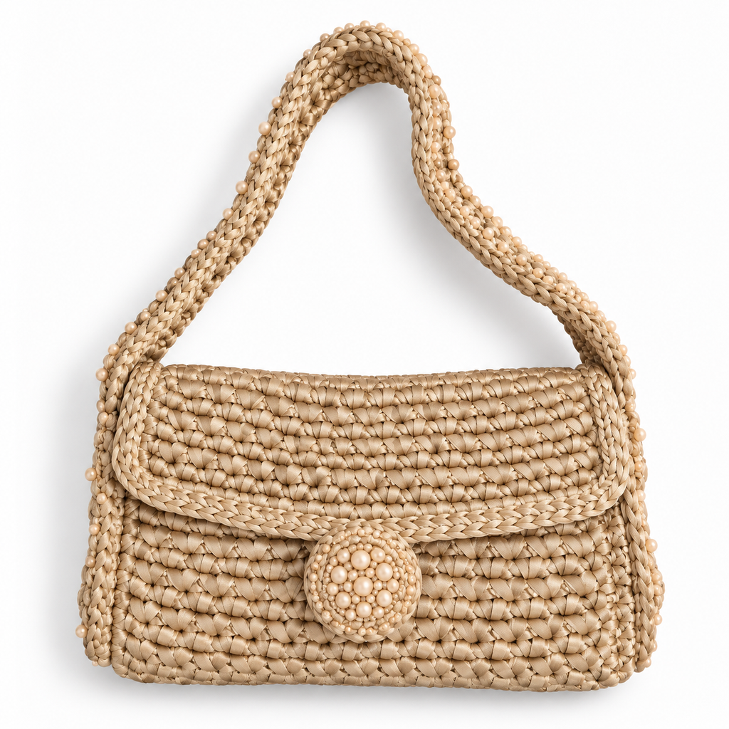 Borsa Talide champagne all'uncinetto in filato setoso, con manico decorato da cristalli sfaccettati ricamati a mano.