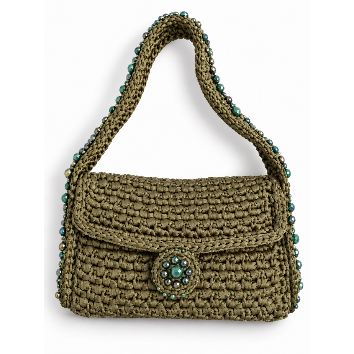 Borsa Talide verde militare all'uncinetto, con cristalli sfaccettati petrolio e manico decorato.