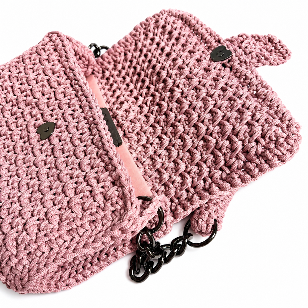 Interno della borsa Vera rosa cipria in cordino crochet