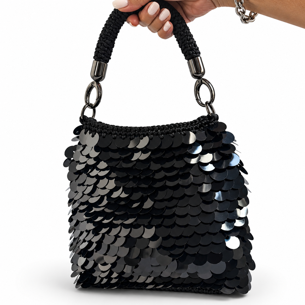 Zoe borsa uncinetto paillettess dettaglio manico